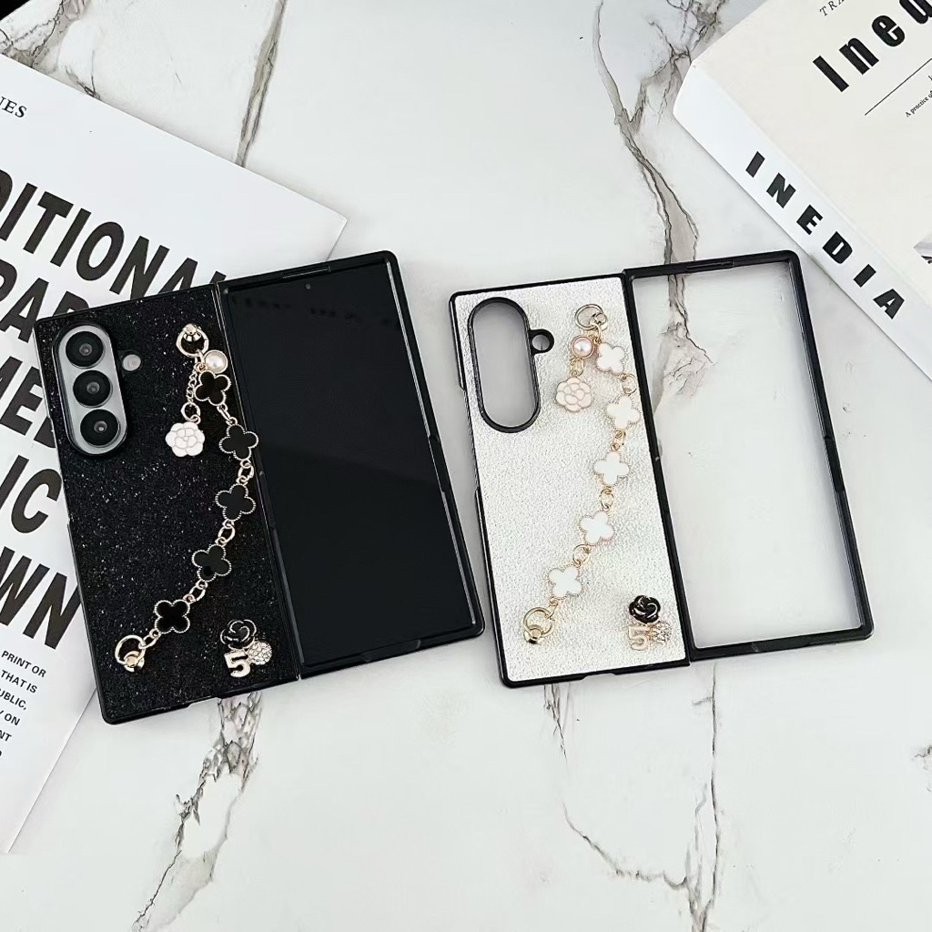 HP กรณีใหม่ Samsung Zflip7 Zfold7 เพชรเพิร์ล Bling สวยหรูหราพร้อมโซ่ดอกไม้โชคดีดอกไม้ TPU เคสโทรศัพท