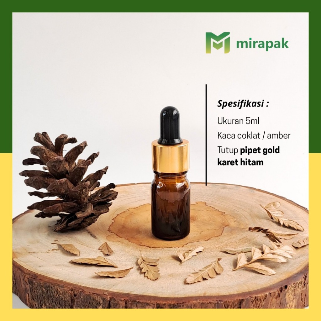 ขวดสีน้ําตาล AMBER PIPETTE 5ML พร้อมแก้ว THICK - แหวนทองพร้อมยางสีดํา - เซรั่มเครื่องสําอาง - R18GOL