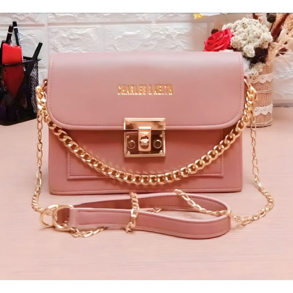 CK Womens Two-Compartment Sling Bag - Chain Strap Bag - Twist Lock Bag