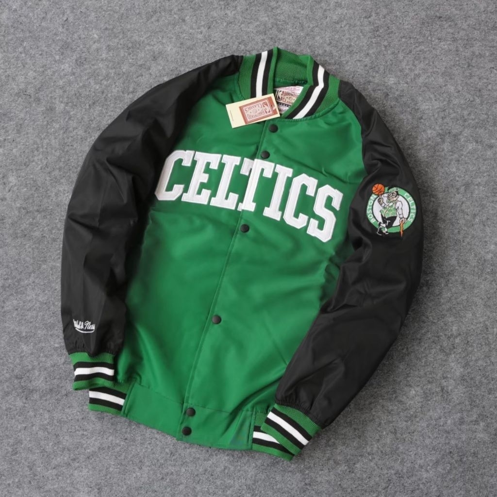 HIJAU Varsity Baseball Boston Celtics NBA สไตล์เย็บปักถักร้อยเต็มรูปแบบ – Cool Green Black Unisex