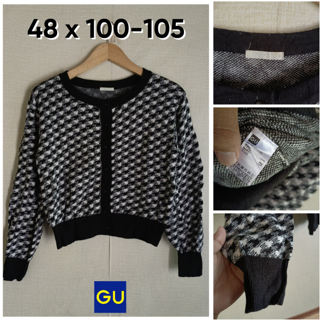 GU by UNI คาร์ดิแกนสีดําและสีขาว HS O คอไซส์ S ถักหนาของผู้หญิง OB010