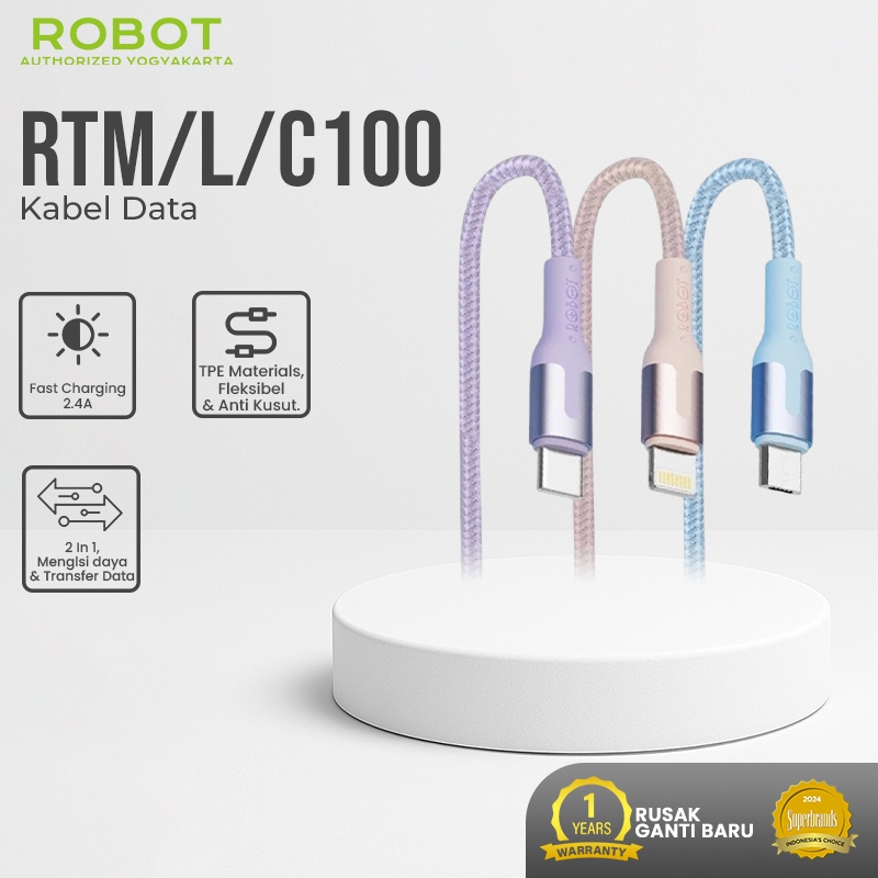 ROBOT Fast Charging Type C Micro USB Lighting Data Cable Type C to C/Lightning RS Series Original Ch