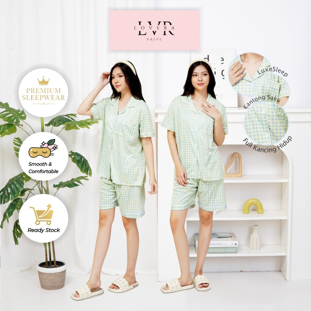KEMEJA Lovera ชุดนอนกางเกงขาสั้นแขนสั้น เสื้อ HP เกาหลี รุ่น Checked Pattern