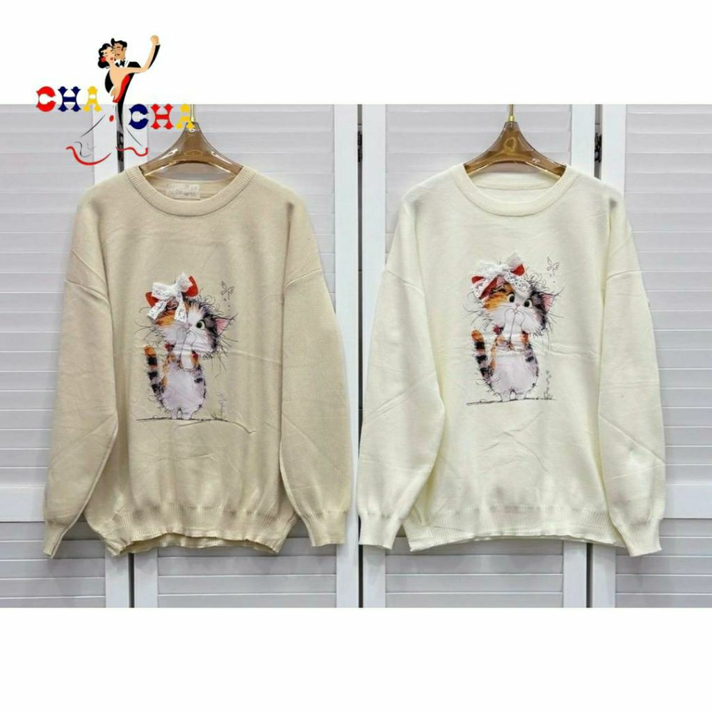 CHASHOP - CAT MOTIF KNIT TOP / IMPORTED KNIT TOP, WOMENS CASUAL KNITWEAR, CAT MOTIF