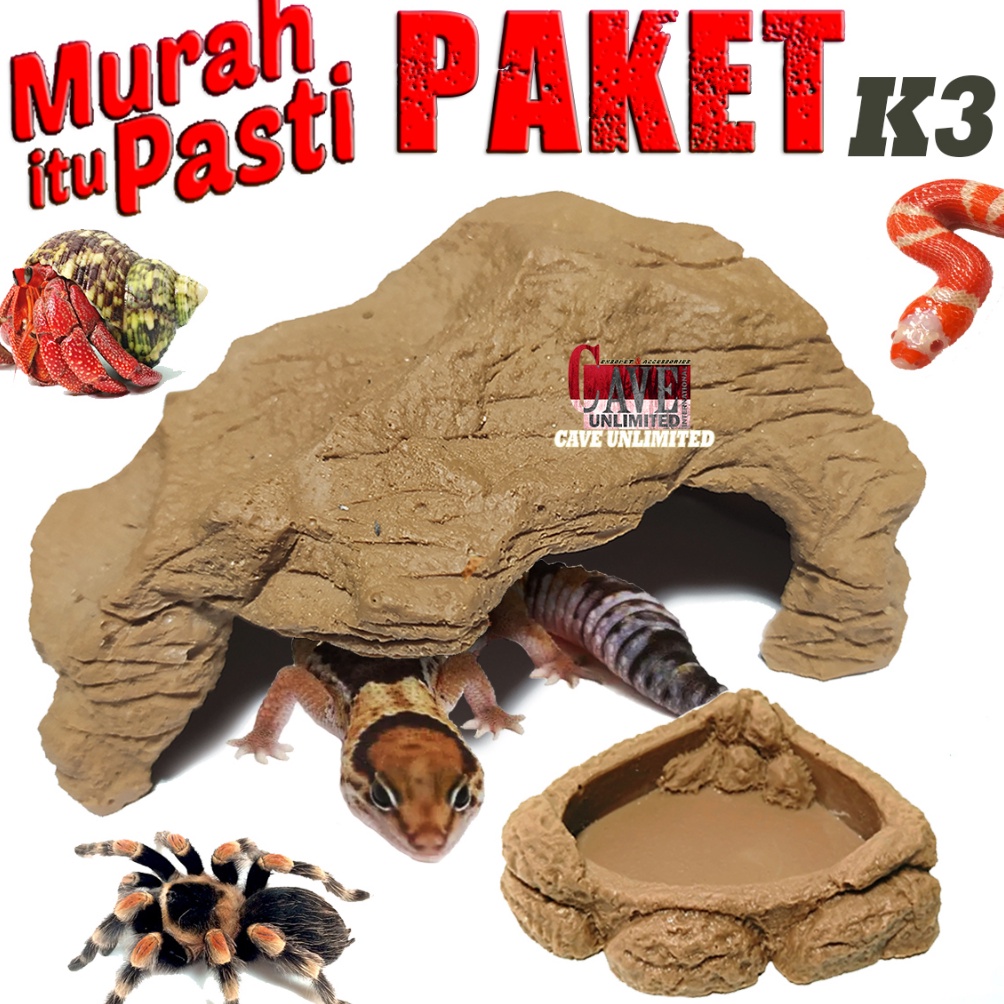พร้อม K3 HIDING CAVE PLACE WATERDISH PACKAGE HIDING PLACE CAVE บ้านสัตว์เลื้อยคลานงู HERMIT CRAB แมล