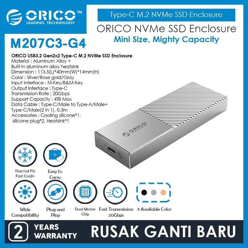 ORICO USB3.2 Gen2x2 Type-C M.2 NVMe SSD Enclosure 20Gbps - M207C3-G4