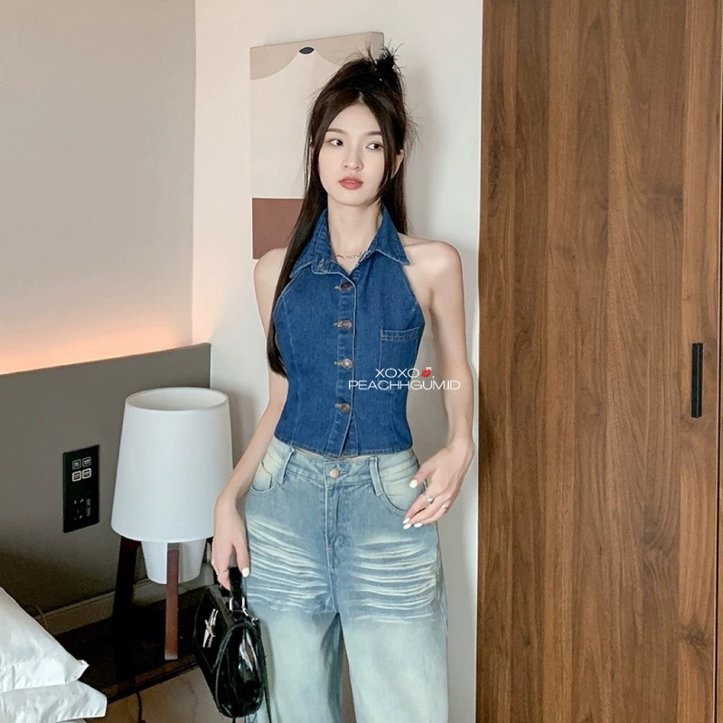 เสื้อคล้องคอ Kinsley Denim | เสื้อยีนส์เดนิม เสื้อกล้ามยีนส์ ผ้ายีนส์