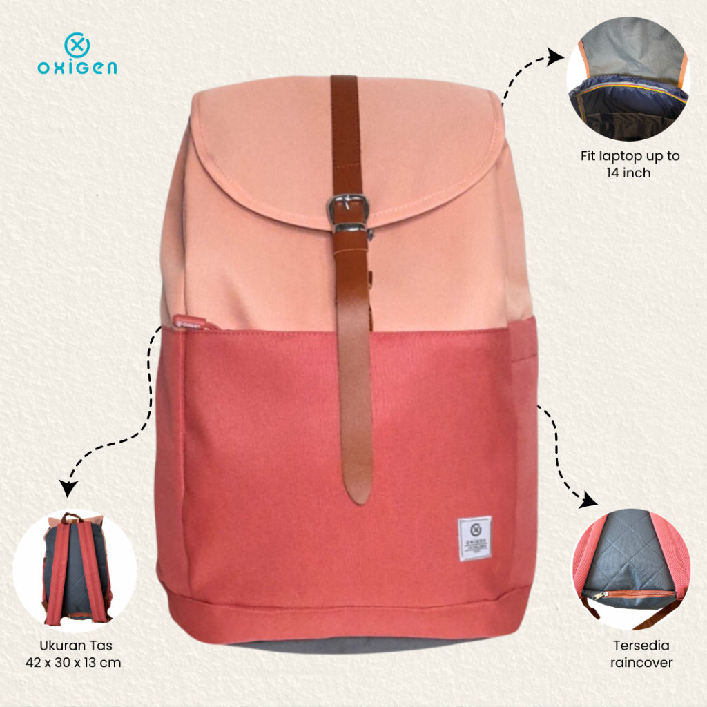 Oxigen Filo กระเป๋าเป้สะพายหลังแล็ปท็อปสําหรับผู้หญิงกระเป๋าเป้สะพายหลังโพลีเอสเตอร์ผ้าคลุมกันฝนฟรี