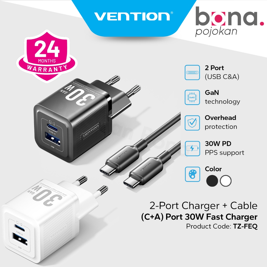 Vention Adapter Charger GaN 30W PD Dual Port Type C+U พร้อมสาย Type C ถึง C