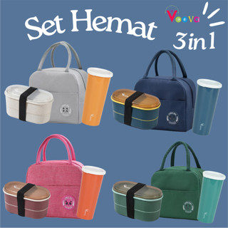 VOOVA Paket Set Hemat 3 In 1/ Bundling Lunch Box/ Bundling Lunch Bag/ Paket Kotak Makan/ Paket Alat Makan/ BPA Free/ Food Grade