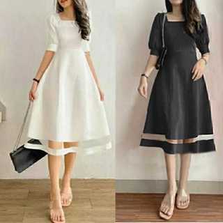 TERLARIS DRES NINDY KOMBINASI TILE SCUBA/DRESS KEKINIAN/DRES KANTOR/DRES SIMPLE SIZE S.M.L.XL acara casual formal natalan