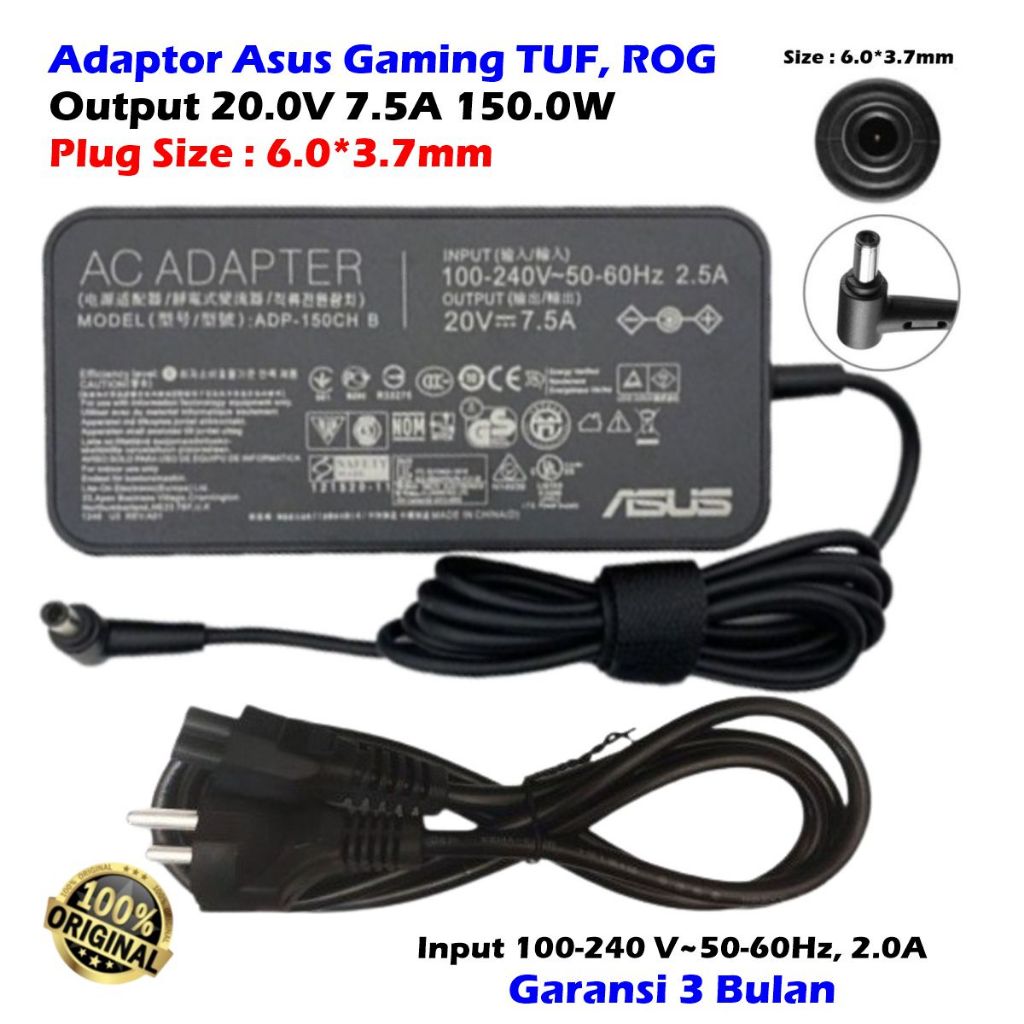 ASUS ROG 20V 7.5A (6.0*3.7MM) 150W GAMING TUF 505G TUF FX505DT ROG FX505DT G531GT GL731GT G731GW GL5