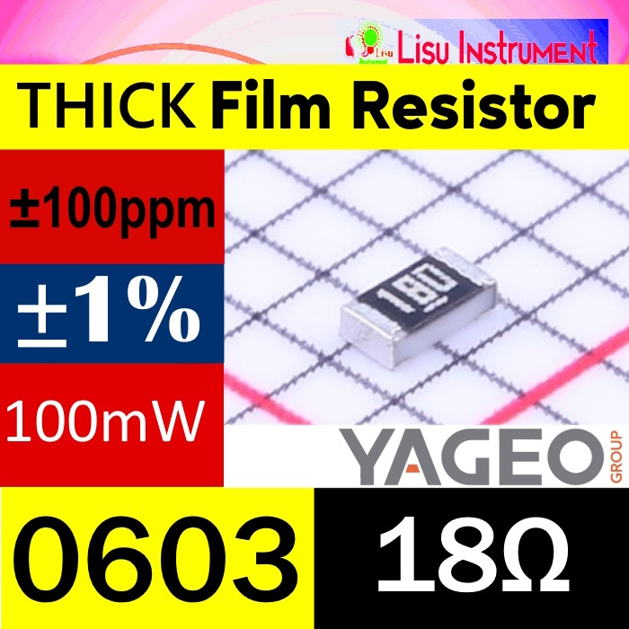 18Ω 0603 ±1% 100mW 75V ±100ppm/°C ตัวต้านทานฟิล์มหนา 18R 18 180 RC0603FR-0718RL YAGEO