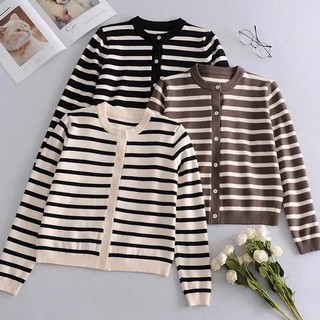 Sweater Cardigan Rajut Garis-garis Atasan Lengan Panjang Fashion Wanita Gaya Korea