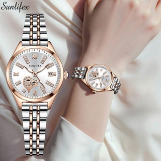 Sunlifex Jam Tangan Wanita Anti Air Berlian Elegan Korea Tali Stainless Steel Kuarsa Santai Calendar Jam Tangan Cewek Original