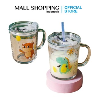 Gelas Kaca Bening Anak Motif Animal Dengan Gagang Free Tutup Anti Bocor 400ml MALLSHOPPING