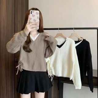RX FASHION - YUNI TOP KNIT / SWEATER V NECK KNIT TWO TONE -PN