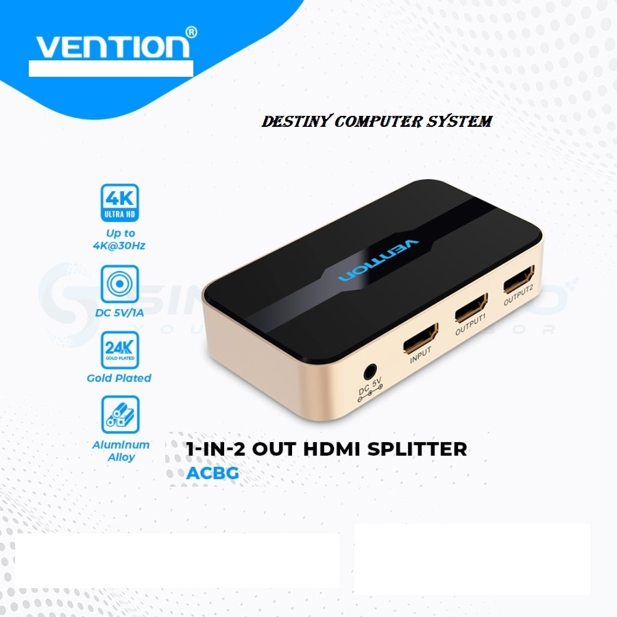 ตัวแยกสัญญาณ HDMI 2 พอร์ต 1X2 Vention 4K Ultra HD ACBG0-EU