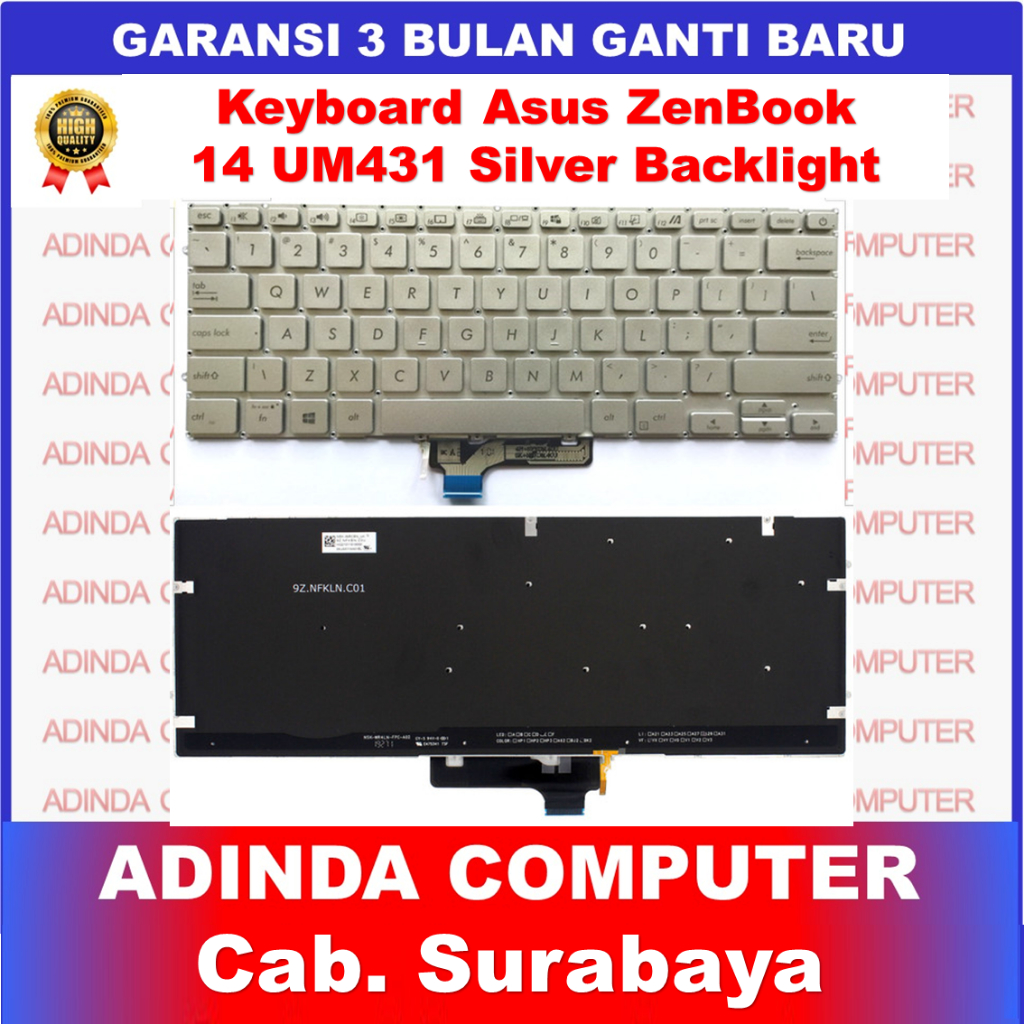 Asus Zenbook 14 UM431 Um431D Um431Da Bx431Fl UX431FN UX431 คีย์บอร์ดแบ็คไลท์สีเงิน