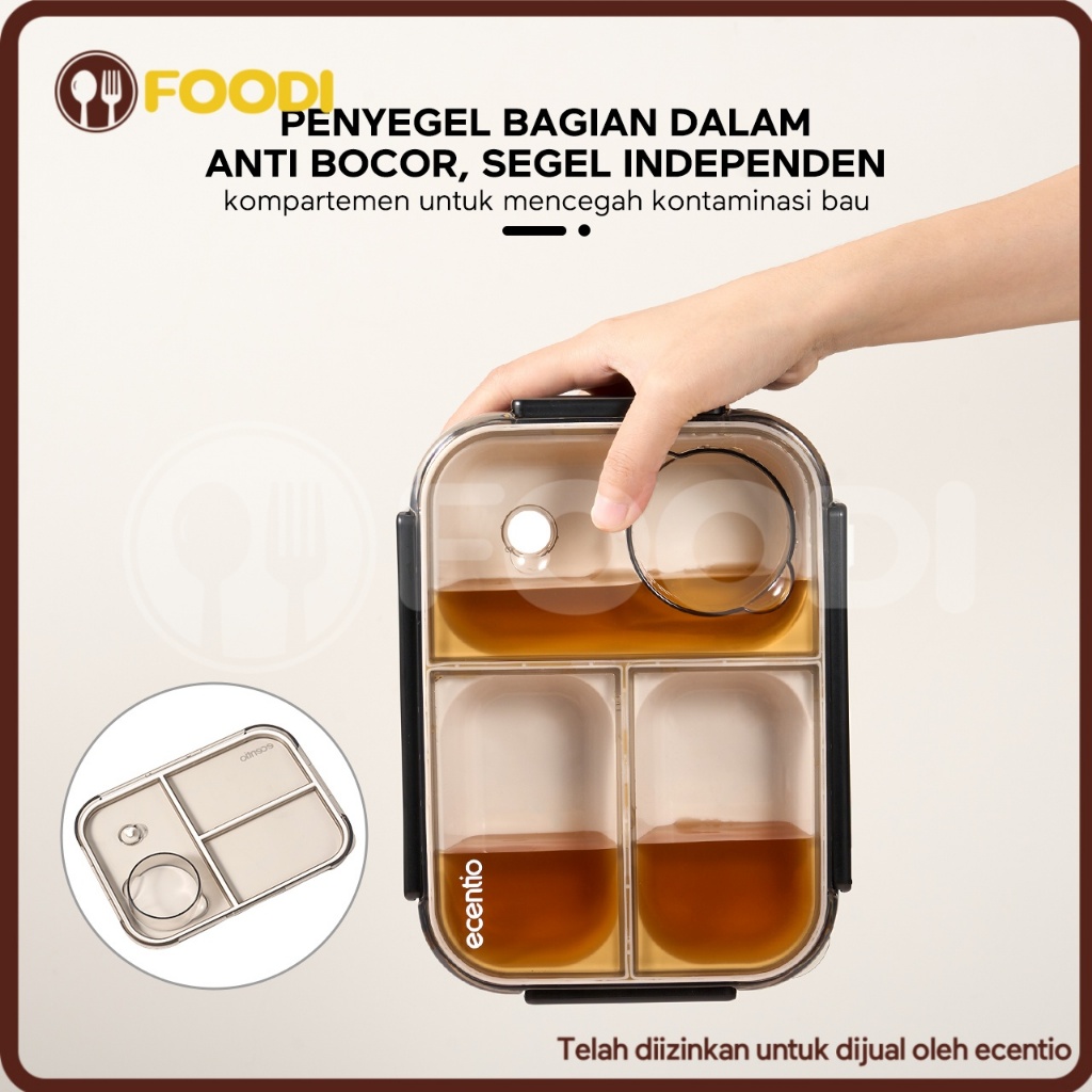 2.0 หลักฐานการรั่วไหลecentio & FOODI กล่องใส่อาหาร 3 ช่อง 800ml ฟรีช้อนซอสกล่อง BPA ฟรีกล่องอาหารกลางวัน