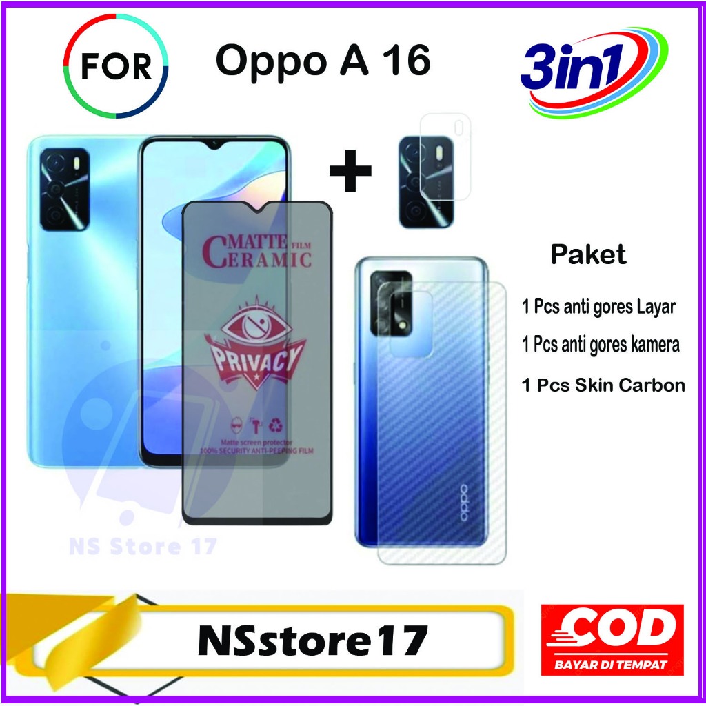 LAYAR 3in1 Oppo A16 แพคเกจป้องกันหน้าจอป้องกันสปายเซรามิกหนา Anti-Shatter Glass Screen Protector