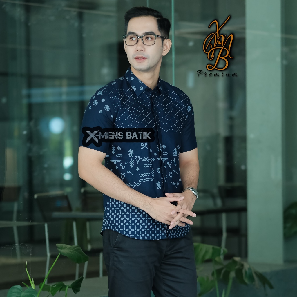 Kemeja KATUN Erro puring ชั้นผ้าฝ้ายพรีเมี่ยม slimfit เสื้อบาติกผู้ชายพร้อม WORATA NAVY SHORT motif