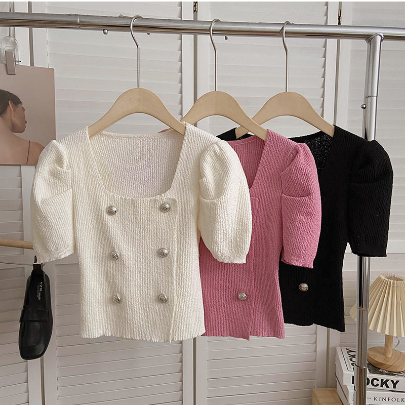 [Hallyu] hairy Knit Top เสื้อแขนสั้นคอเหลี่ยมตลก | เสื้อครอปผู้หญิงแขนสั้นถักพองๆปุ่ม หลากหลาย | เสื