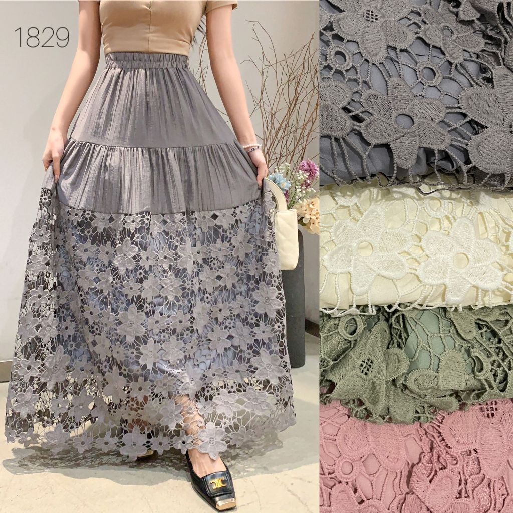 HAPPY SHOP - กระโปรงสตรี 1829 FLOWER MOTIF COMBINATION ผ้าฝ้ายพรีเมี่ยมใหม่ล่าสุด STYLISH