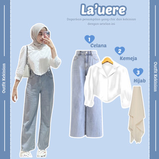 Setelan La'uere Outfit { Kemeja  Crop Putih+Celana Jeans Blue+Hijab Soft Latte }One Set Korean Style