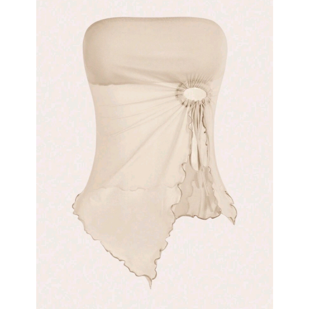 SC Icon Drawstring Front Lettuce Trim Split Hem Tubeไม่สมมาตร Top Beige