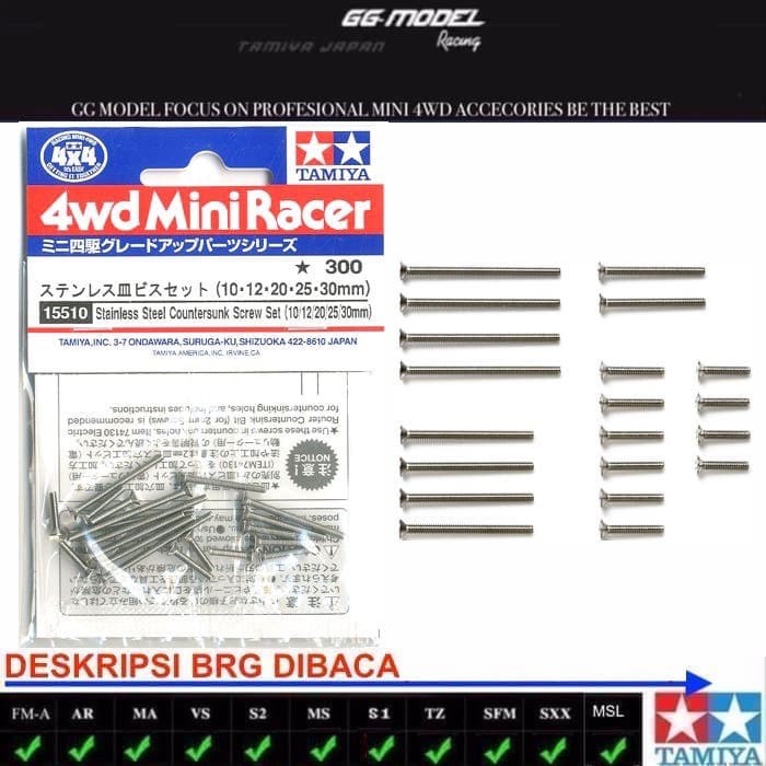 TAMIYA 15510 STAINLESS STEEL COUNTERSUNK SCREW SET (10/12/20/25/30mm)