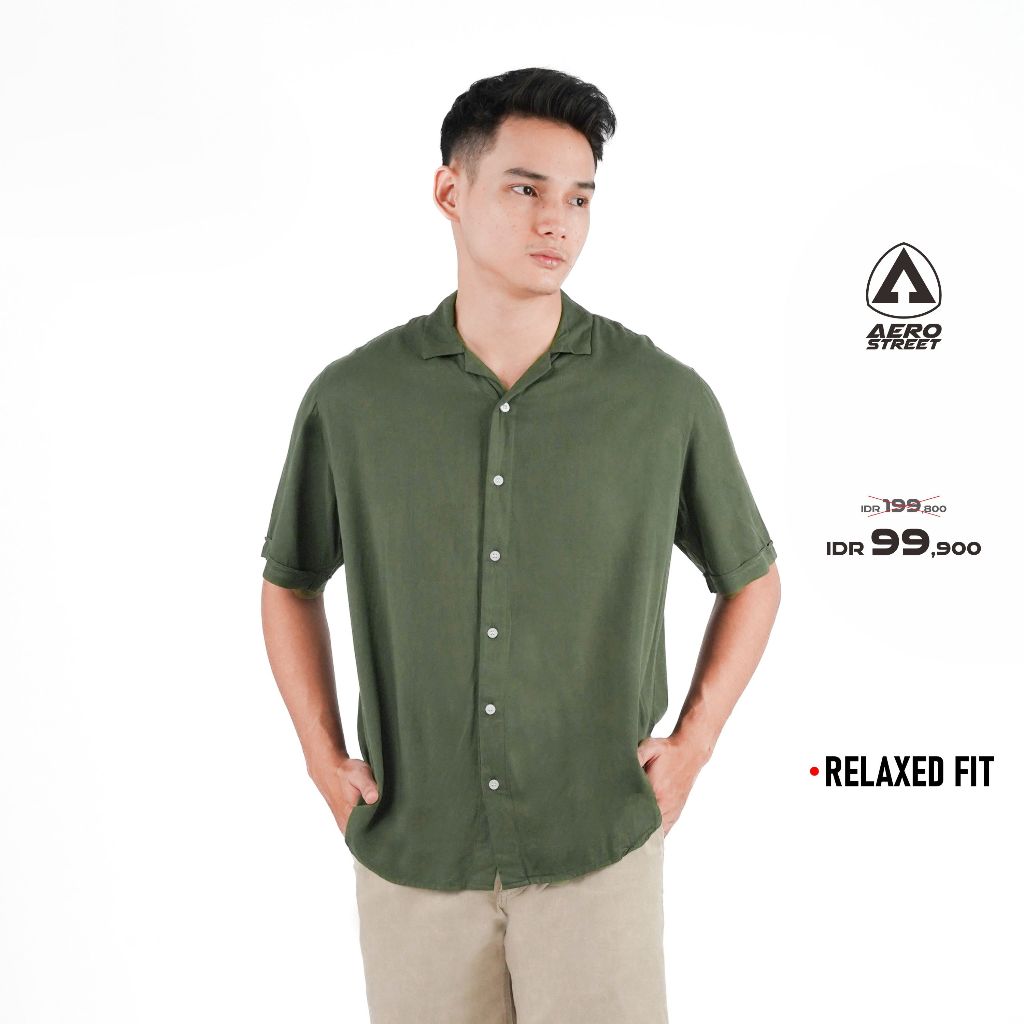 HIJAU KEMEJA Aerostreet เรยอน Marva เสื้อกองทัพสีเขียวฮาวายธรรมดา Dark ผู้ชายผู้หญิง QAAAA