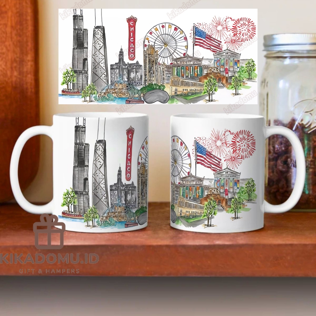 Chicago Clipart Vacation Landmarks สีน้ําของที่ระลึกของขวัญแก้วกาแฟเซรามิค