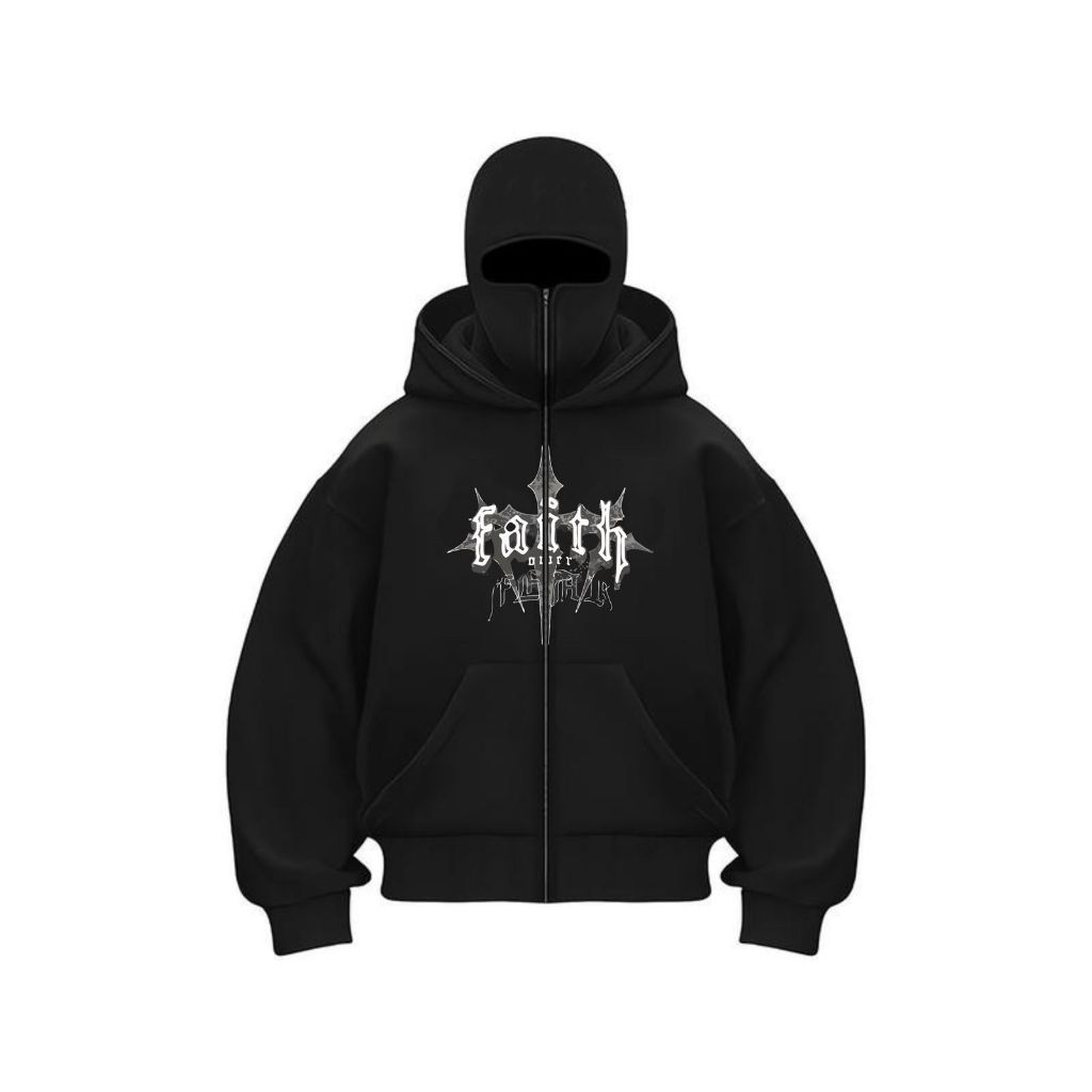 Hitam Bohel HOODIE BASCLAVAFAITH OVER FEAR ZIPPER MENS BLACK JACKET LIGHTED SCREEN PRINTING BOXY