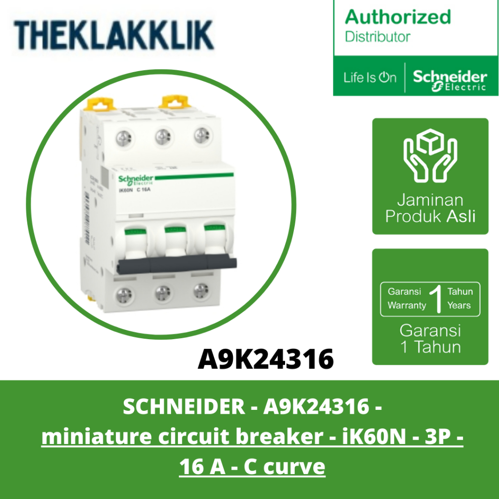 SCHNEIDER - A9K24316 - MCB iK60N - 3P 16A - Curve C - 230 V