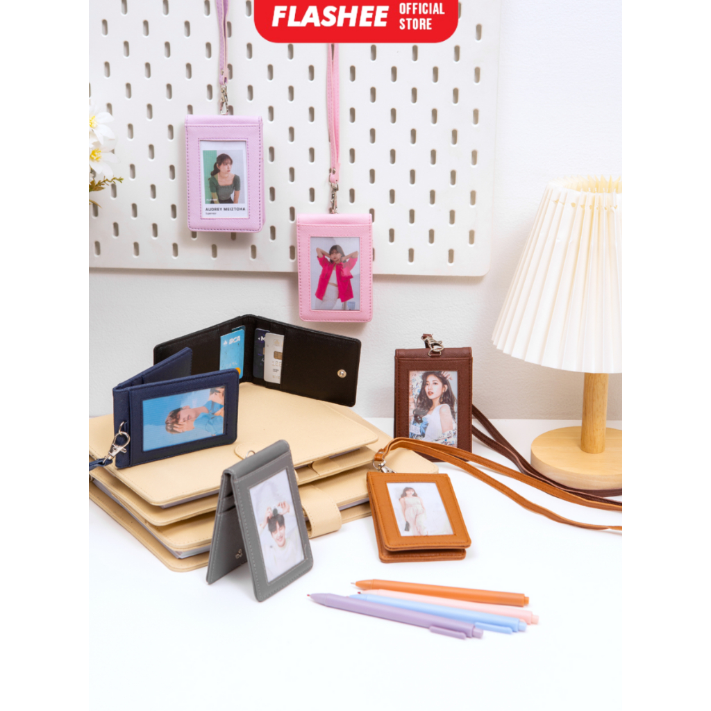 Flashee Lanyard ID Card Holder Harper Lanyard ชื่อแท็กหนังปุ่ม Mica สองด้าน