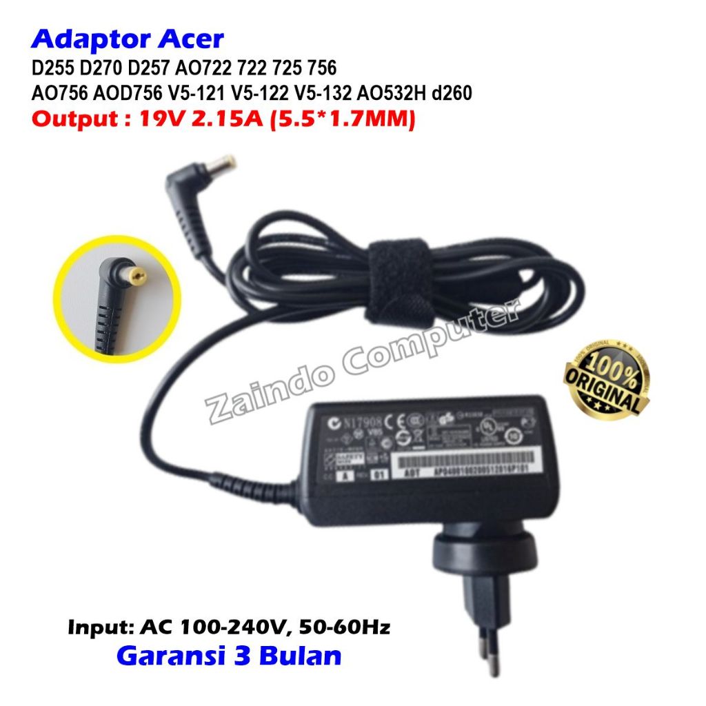 ORIGINAL ADAPTER ACER ASPIRE ONE 19V 2.15A 5.5*1.7MM V5-121 V5-122 V5-122 V5-172 521 522 532H 553 72