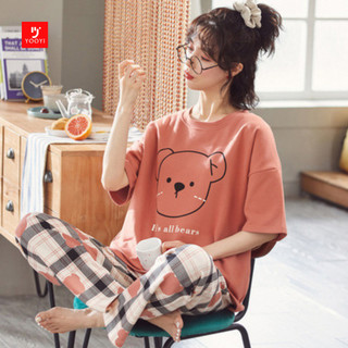 Yooyi Baju Tidur Wanita Piyama Korea Lengan Pendek Celana Panjang Motif Kartun Lucu Setelan Tidur Murah Model Kaos Korea 005