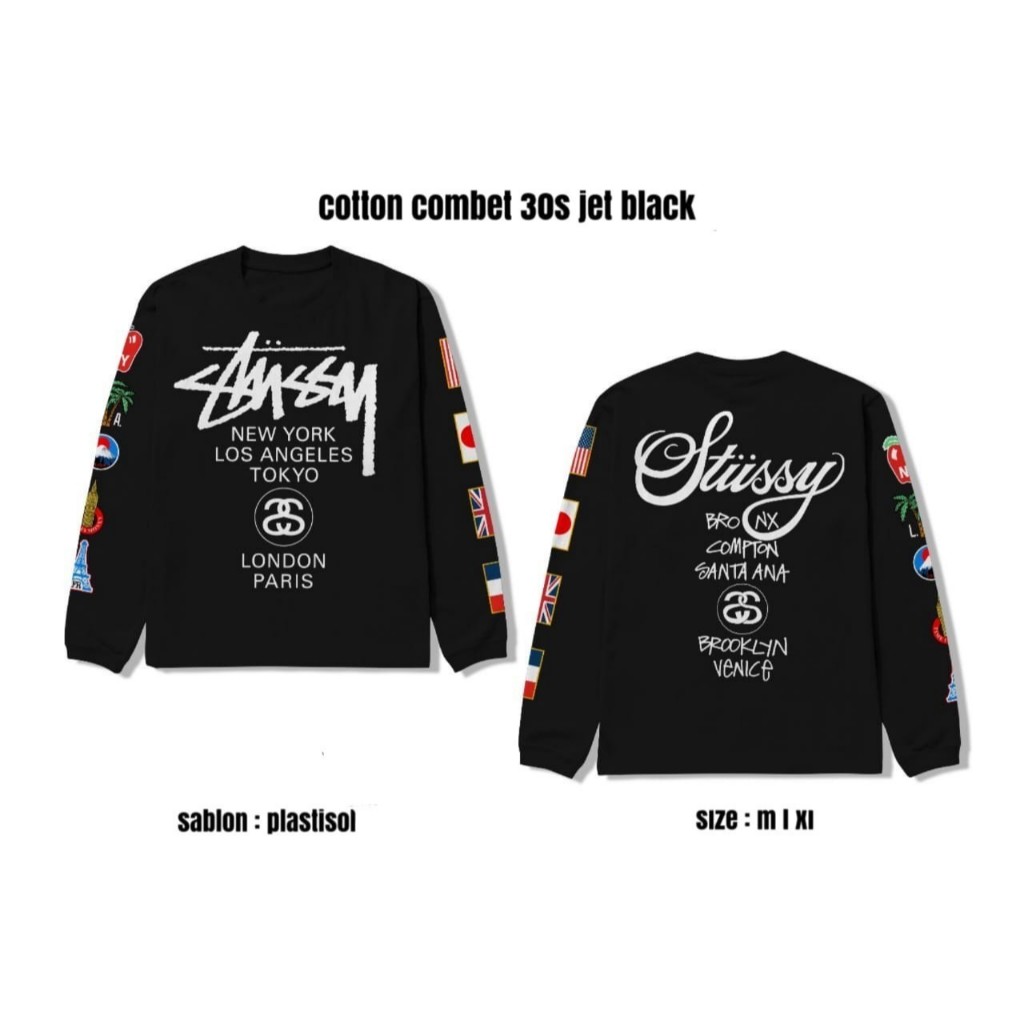 Stussy TOUR ICON และ FLAG เสื้อยืดเสื้อยืดแขนยาวสีดํา