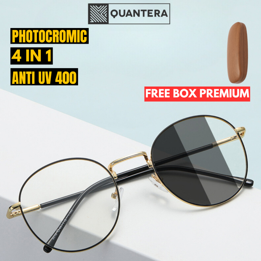 Quantera B5 Photochromic แว่นตาป้องกันรังสีทรงกลมวัสดุโลหะสไตล์เกาหลีสําหรับผู้ชายและผู้หญิงเลนส์ Ph