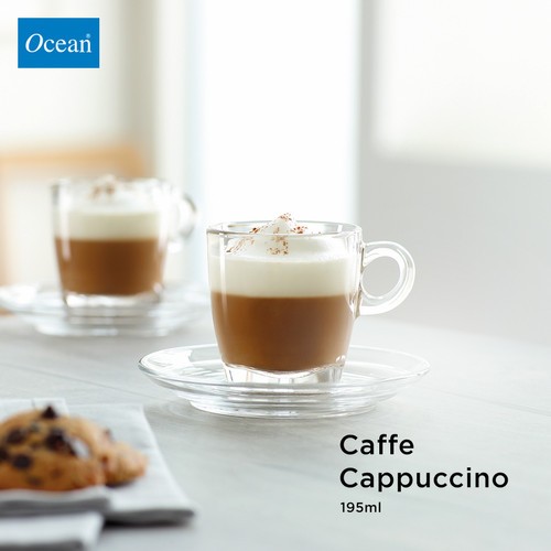 Ocean CAFFE Cappuccino Tea Coffee Latte Cup & Saucer Premium Glass - กาแฟแก้วหนา / ถ้วยชา 6.75oz 195