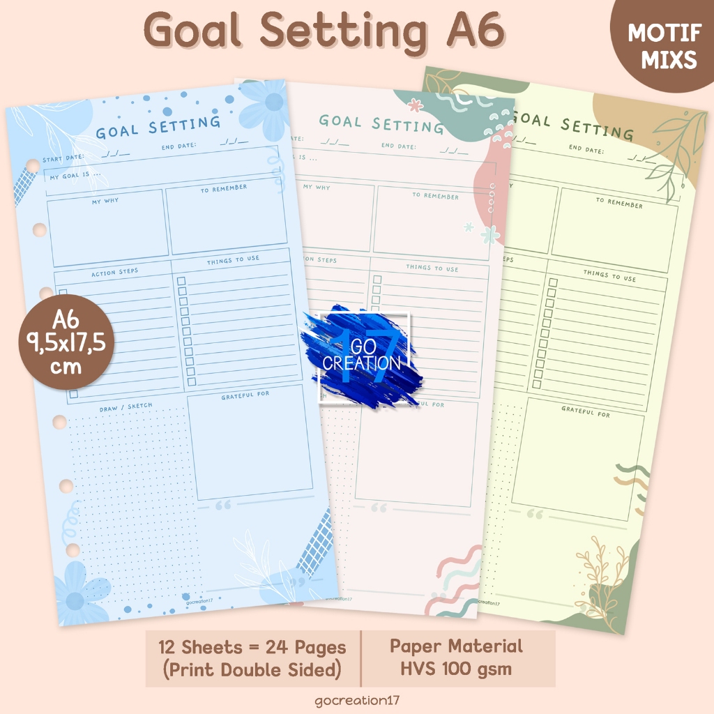 Planner Book Refill Binder Paper Goal Setting Premium Motif A6