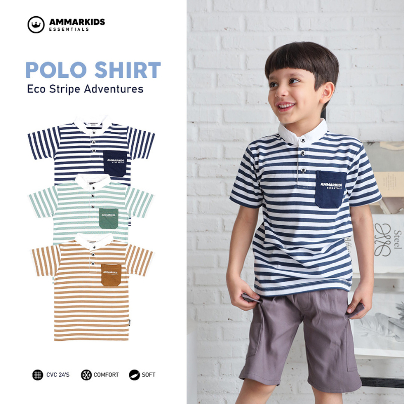 เสื้อยืดคอปกโปโลเด็กชายลาย Eco Stripe Adventures โดย Ammar Kids
