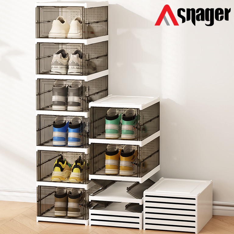 ใหม่ล่าสุด Snager ชั้นวางรองเท้าแบบพับได้พลาสติกใสมัลติฟังก์ชั่นปิดป้องกันฝุ่นความงาม 6 ชั้นไม่ Antb