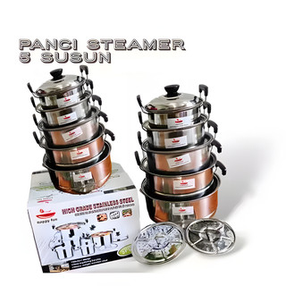 URBAN Panci set kingko 555 stainless isi 5 set + steamer/Panci steamer /Panci Sop Soup Dengan/ Kukusan Tatakan Dandang/sop pot Stainless Steel