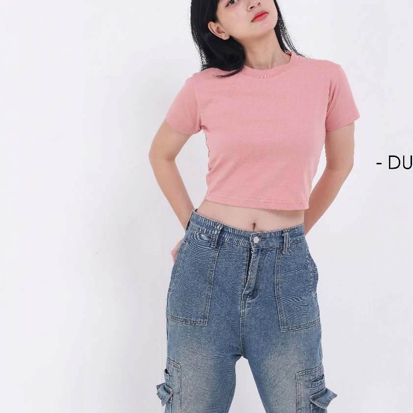 1one_clothes CROP TOP PLAIN ONECK COTTON | Tumblr CROP TEE TSHIRT เสื้อยืดแฟชั่นเกาหลีผู้หญิง SALMON