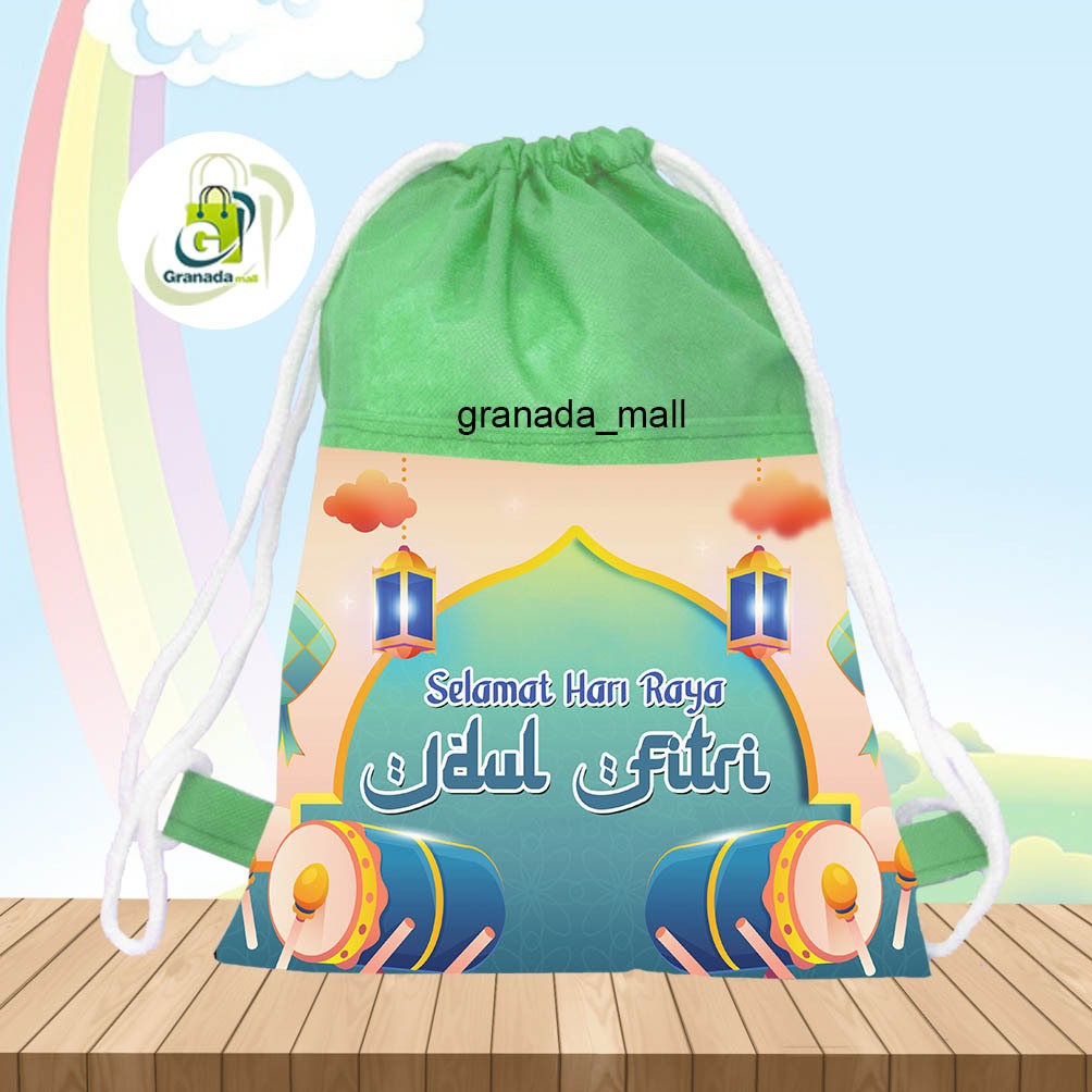Childrens Drawstring Backpack FRONT POCKET EID UL FITRI For Snack Wrapping Uk 25 x 30 (LXT)-พร้อมส่ง