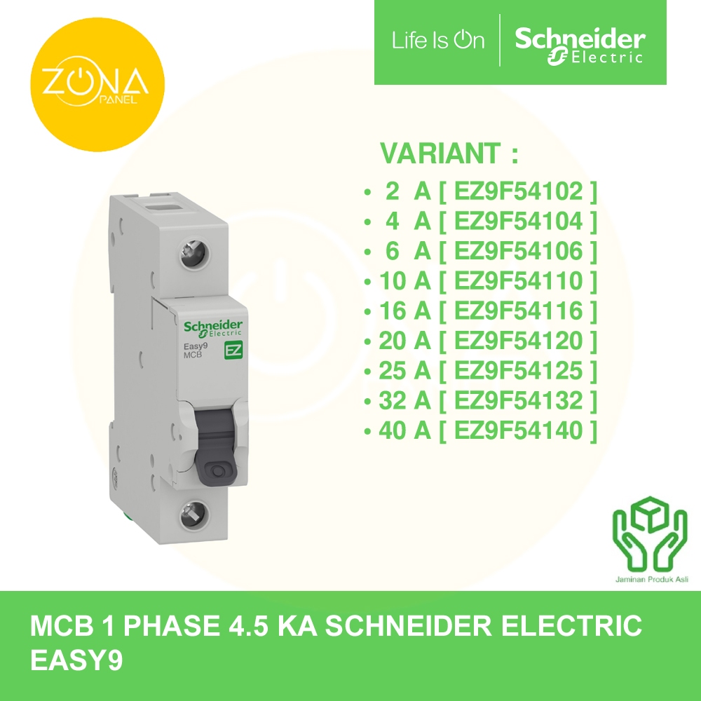 MCB SCHNEIDER EASY9 4.5KA 1 PHASE 1P 2A 4A 6A 10A 16A 20A 25A 32A 40A EZ9F54102 EZ9F54104 EZ9F54106 