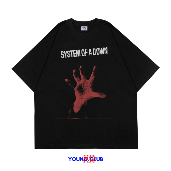หนุ่ม.CLUB | SYSTEM OF A DOWN HAND T-SHIRT | เสื้อยืด OVERSIZE สไตล์สีดํา Y2K VINTAGE BOOTLEG GRUNGE
