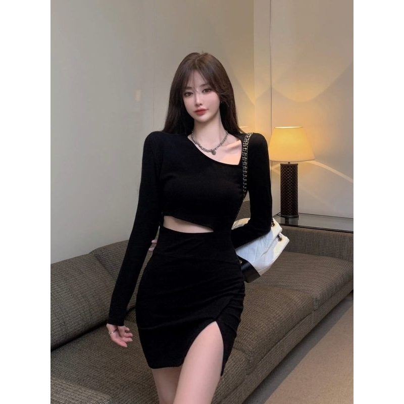 MINI DRESS PRESS BODY LONG SLEEVE WAIST CUT ELEGANT PARTY DRESS สําหรับผู้หญิง M-009